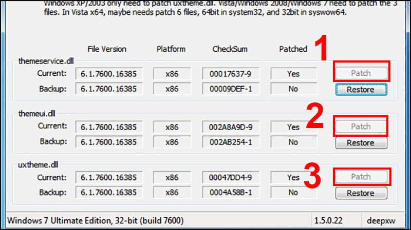 Lần lượt click v&agrave;o n&uacute;t Patch.